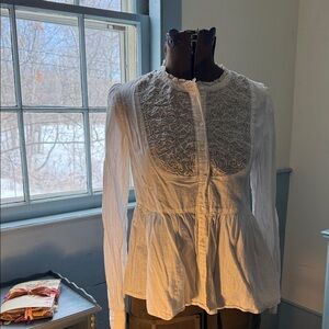 Floreat Ivory Embroidered Lace Yoke Peplum Button-Front Blouse